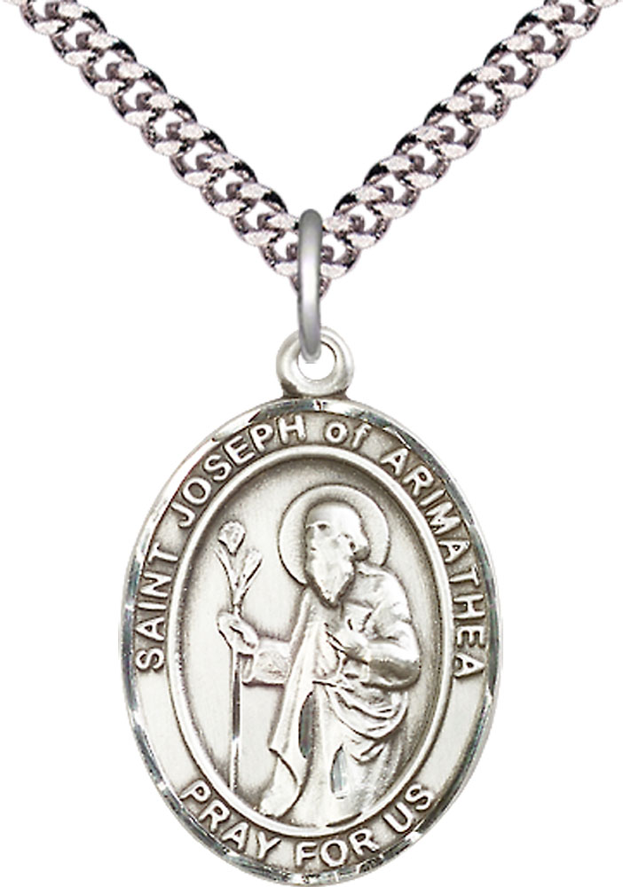 Sterling Silver Saint Joseph of Arimathea Pendant on a 24 inch Light Rhodium Heavy Curb chain