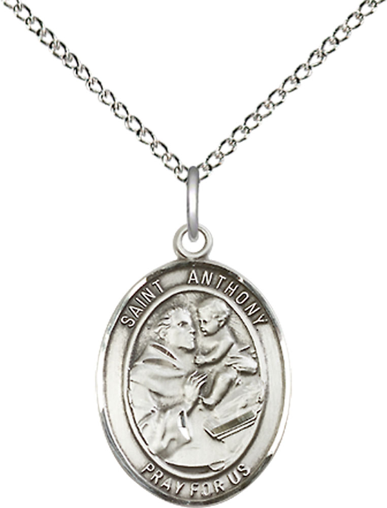 Sterling Silver Saint Anthony of Padua Pendant on a 18 inch Sterling Silver Light Curb chain