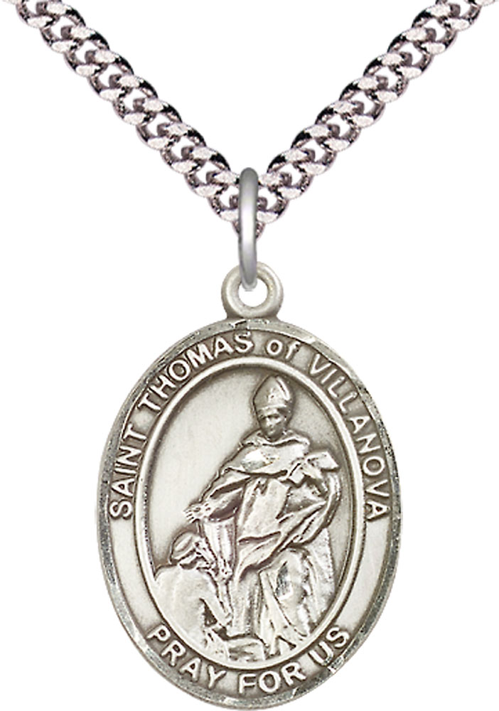 Sterling Silver Saint Thomas of Villanova Pendant on a 24 inch Light Rhodium Heavy Curb chain