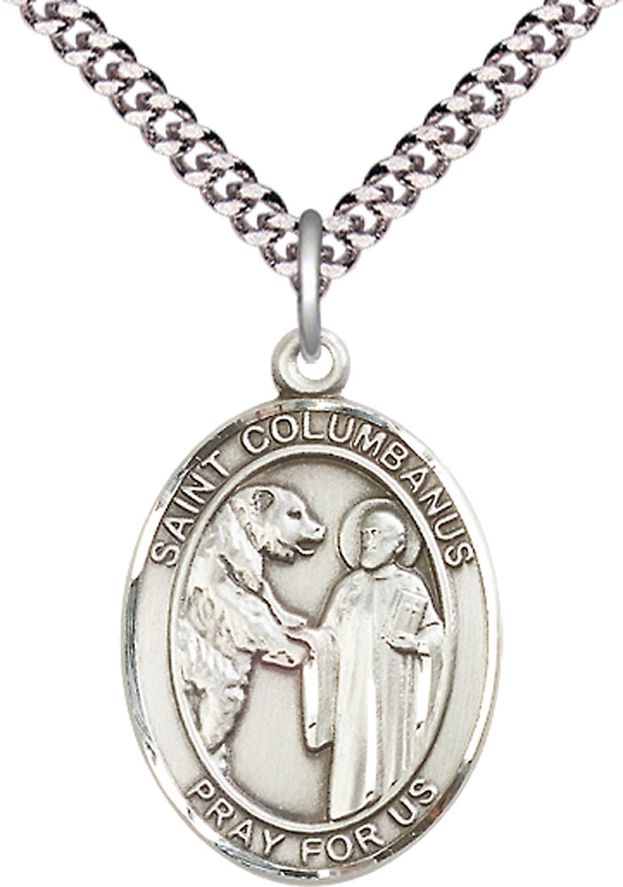 Sterling Silver Saint Columbanus Pendant on a 24 inch Light Rhodium Heavy Curb chain