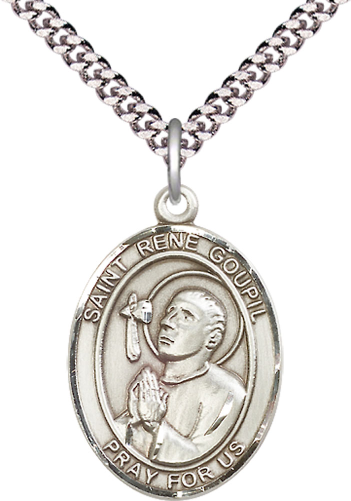 Sterling Silver Saint Rene Goupil Pendant on a 24 inch Light Rhodium Heavy Curb chain