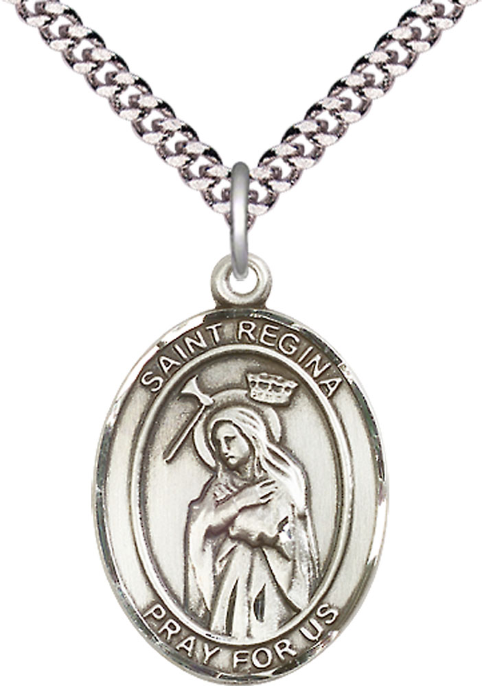 Sterling Silver Saint Regina Pendant on a 24 inch Light Rhodium Heavy Curb chain