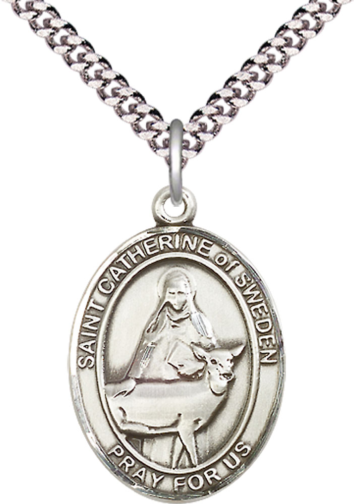 Sterling Silver Saint Catherine of Sweden Pendant on a 24 inch Light Rhodium Heavy Curb chain