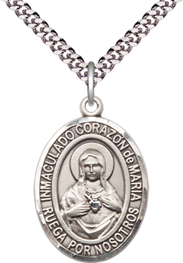 Sterling Silver Corazon Inmaculado de Maria Pendant on a 24 inch Light Rhodium Heavy Curb chain