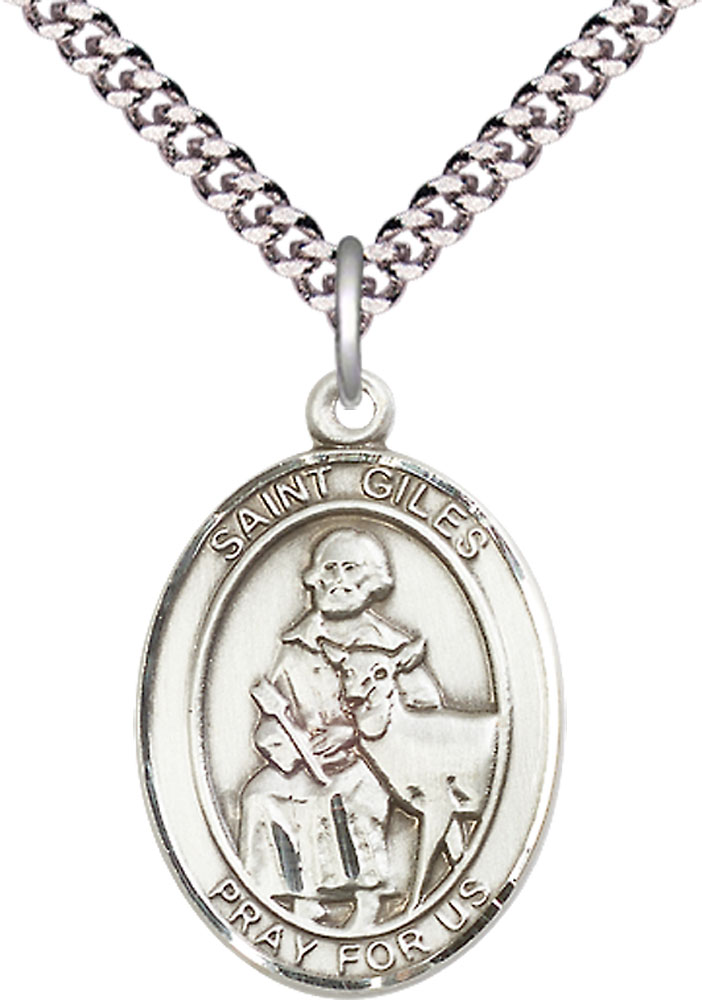 Sterling Silver Saint Giles Pendant on a 24 inch Light Rhodium Heavy Curb chain