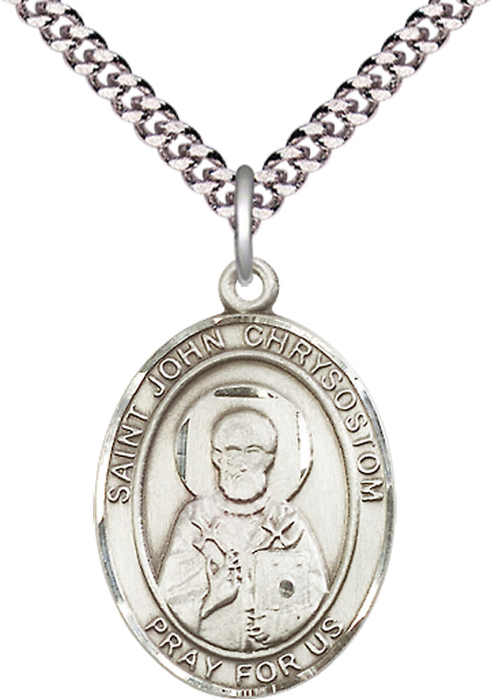 Sterling Silver Saint John Chrysostom Pendant on a 24 inch Light Rhodium Heavy Curb chain