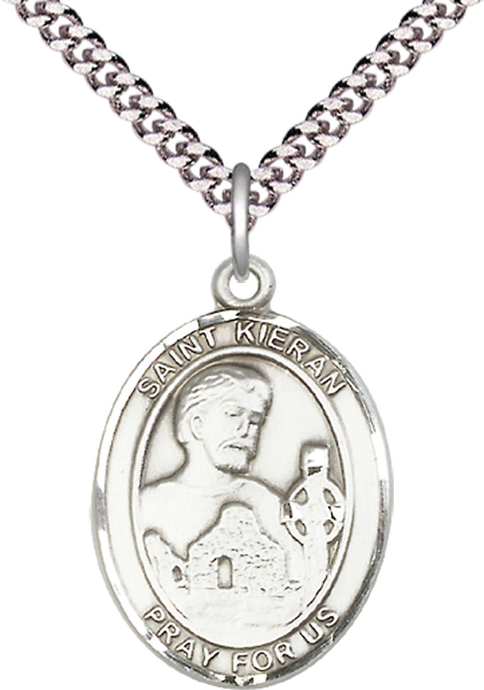 Sterling Silver Saint Kieran Pendant on a 24 inch Light Rhodium Heavy Curb chain