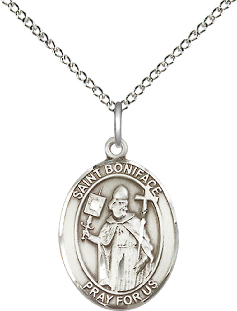 Sterling Silver Saint Boniface Pendant on a 18 inch Sterling Silver Light Curb chain