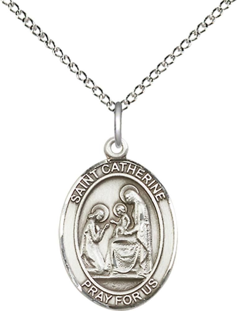 Sterling Silver Saint Catherine of Siena Pendant on a 18 inch Sterling Silver Light Curb chain