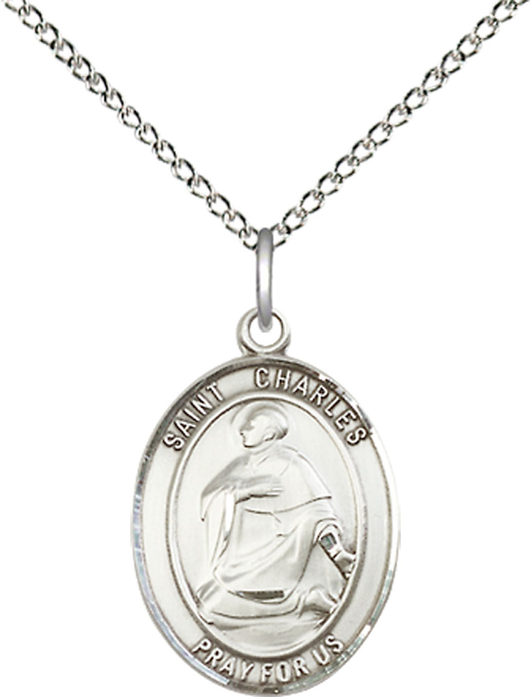 Sterling Silver Saint Charles Borromeo Pendant on a 18 inch Sterling Silver Light Curb chain