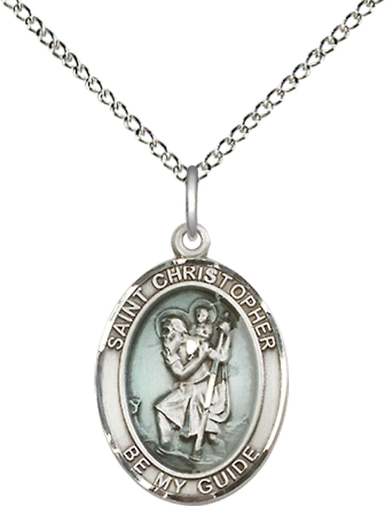 Sterling Silver Saint Christopher Pendant on a 18 inch Sterling Silver Light Curb chain