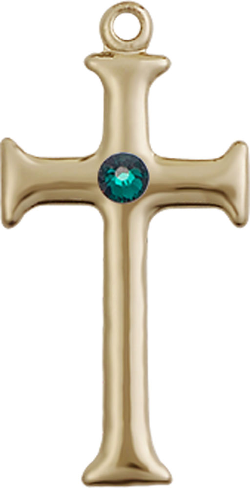 14kt Gold Filled Cross Medal with a 3mm Emerald Swarovski stone