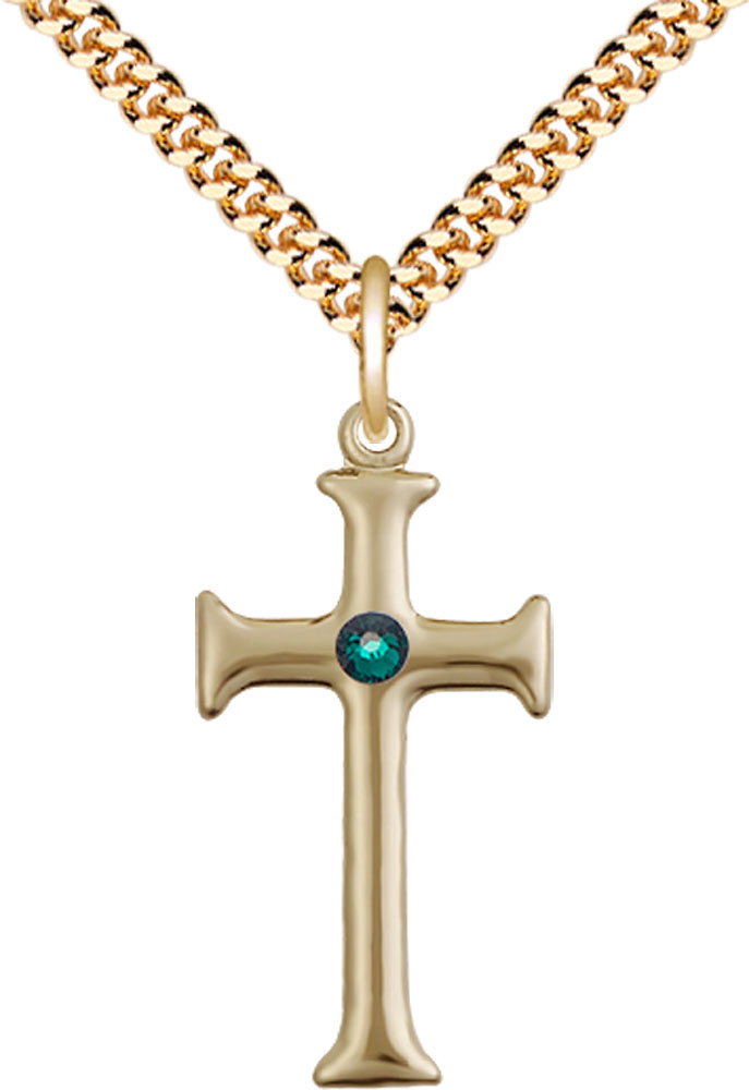 14kt Gold Filled Cross Pendant with a 3mm Emerald Swarovski stone on a 24 inch Gold Plate Heavy Curb chain