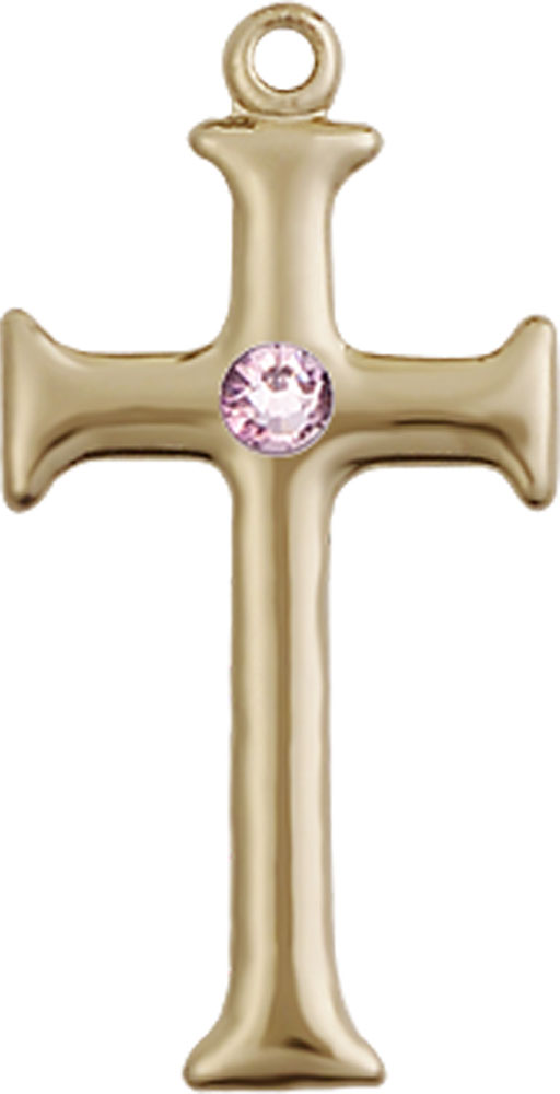 14kt Gold Cross Medal with a 3mm Light Amethyst Swarovski stone