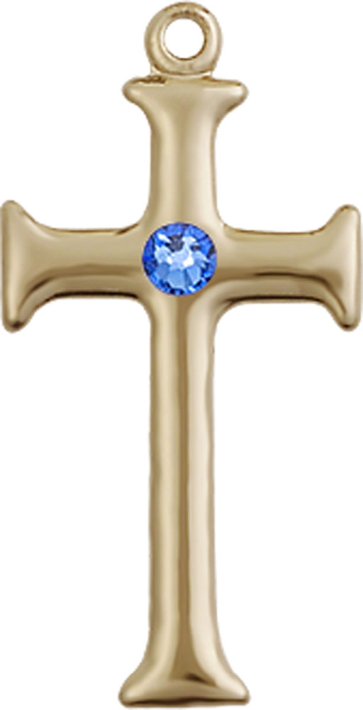 14kt Gold Cross Medal with a 3mm Sapphire Swarovski stone