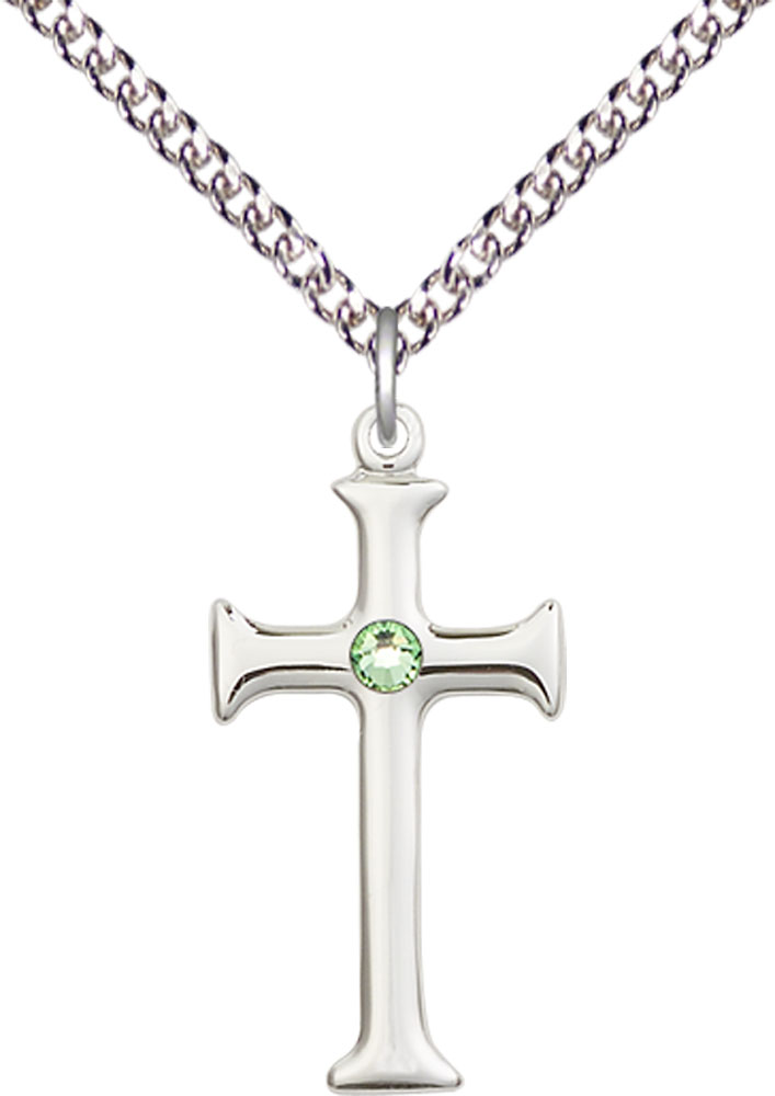 Sterling Silver Cross Pendant with a 3mm Peridot Swarovski stone on a 24 inch Sterling Silver Heavy Curb chain