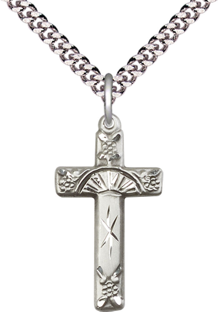 Sterling Silver Cross Pendant on a 24 inch Light Rhodium Heavy Curb chain