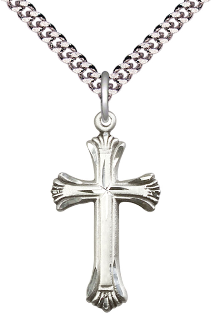 Sterling Silver Cross Pendant on a 24 inch Light Rhodium Heavy Curb chain