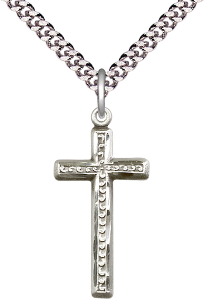 Sterling Silver Cross Pendant on a 24 inch Light Rhodium Heavy Curb chain