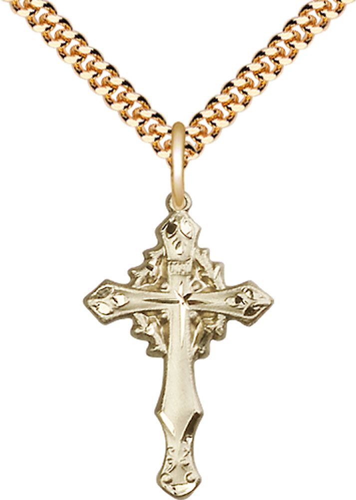14kt Gold Filled Cross Pendant on a 24 inch Gold Plate Heavy Curb chain