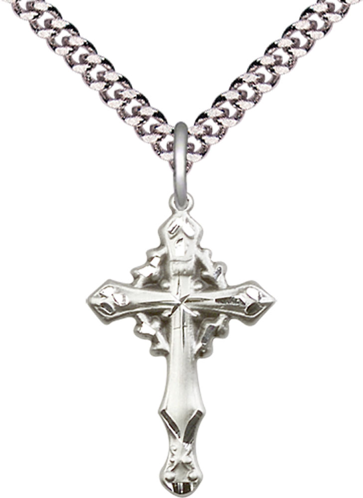 Sterling Silver Cross Pendant on a 24 inch Light Rhodium Heavy Curb chain