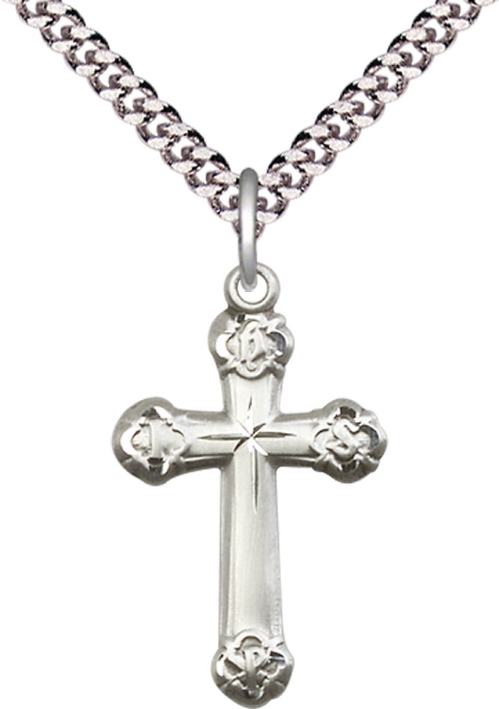 Sterling Silver Cross Pendant on a 24 inch Light Rhodium Heavy Curb chain