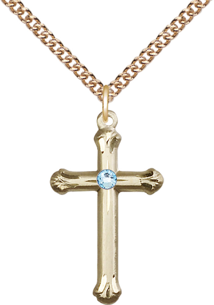 14kt Gold Filled Cross Pendant with a 3mm Aqua Swarovski stone on a 24 inch Gold Filled Heavy Curb chain