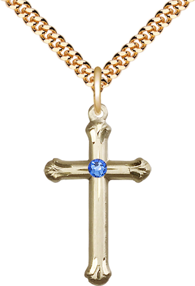 14kt Gold Filled Cross Pendant with a 3mm Sapphire Swarovski stone on a 24 inch Gold Plate Heavy Curb chain