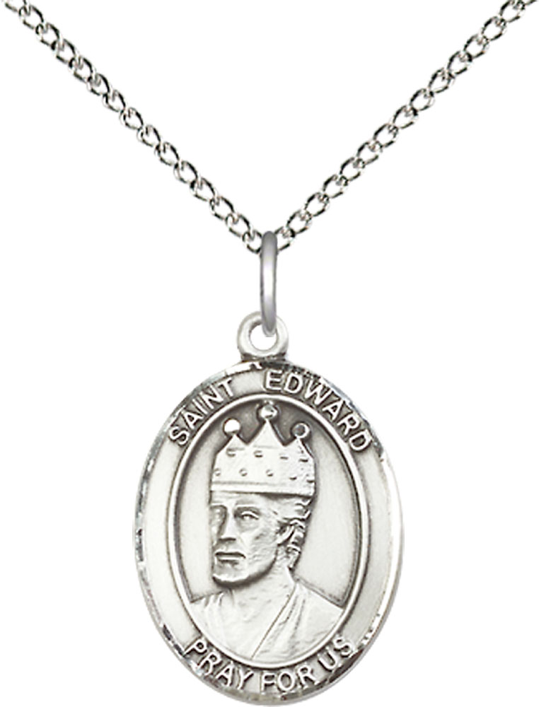 Sterling Silver Saint Edward the Confessor Pendant on a 18 inch Sterling Silver Light Curb chain