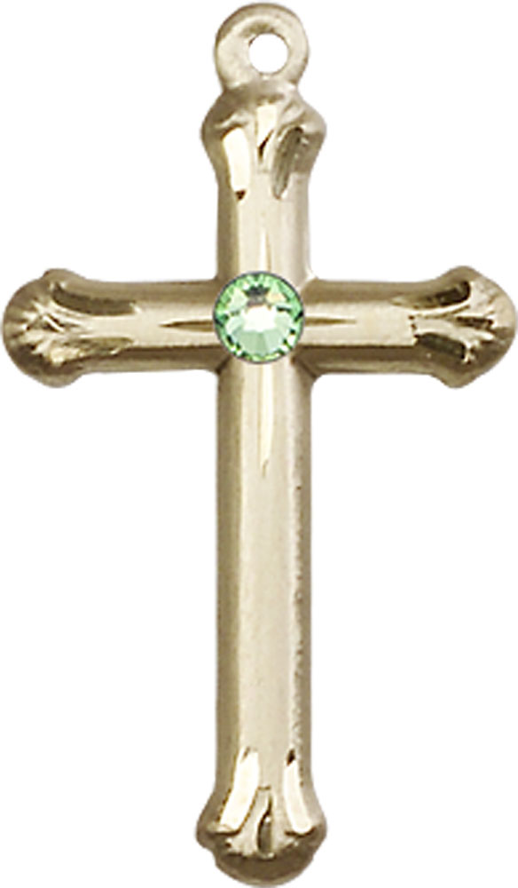14kt Gold Cross Medal with a 3mm Peridot Swarovski stone