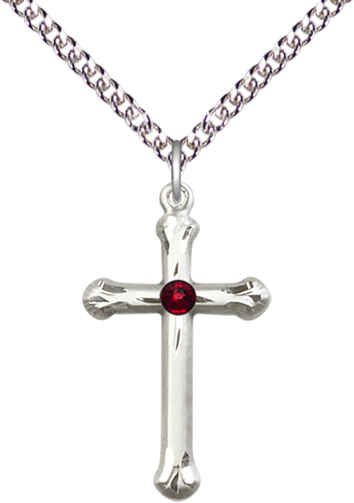 Sterling Silver Cross Pendant with a 3mm Garnet Swarovski stone on a 24 inch Sterling Silver Heavy Curb chain