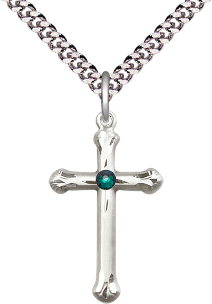 Sterling Silver Cross Pendant with a 3mm Emerald Swarovski stone on a 24 inch Light Rhodium Heavy Curb chain