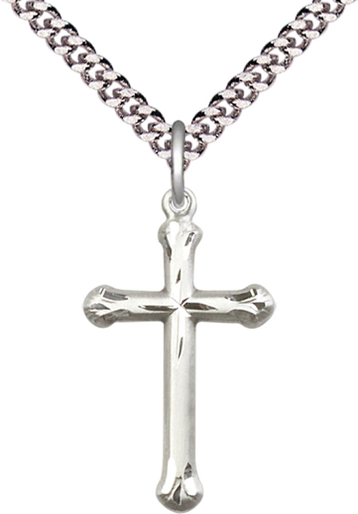 Sterling Silver Cross Pendant on a 24 inch Light Rhodium Heavy Curb chain