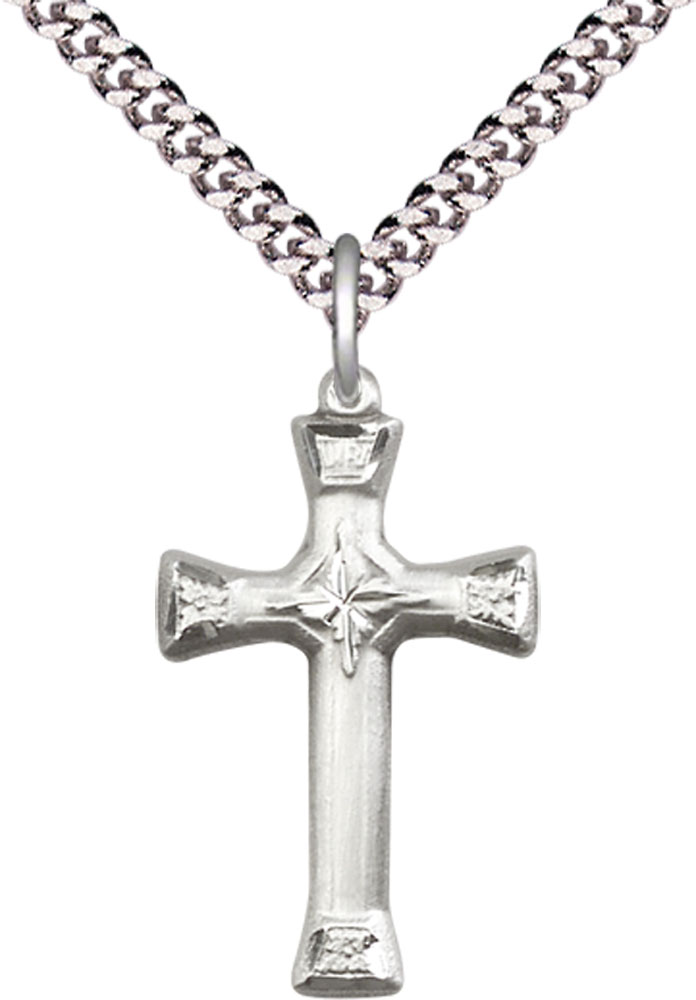 Sterling Silver Cross Pendant on a 24 inch Light Rhodium Heavy Curb chain