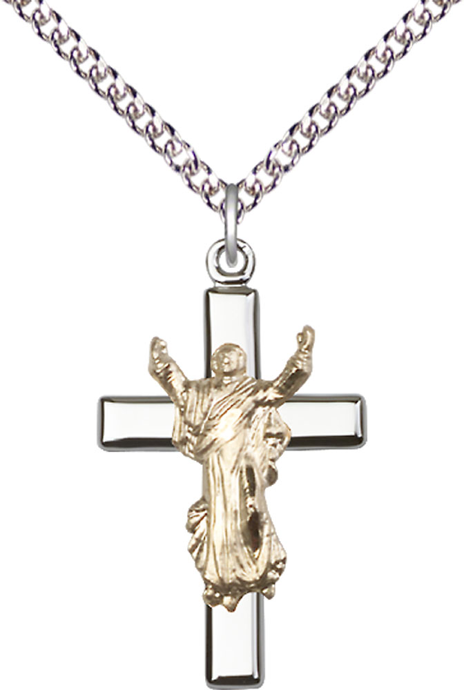 Two-Tone GF/SS Cross Pendant on a 24 inch Sterling Silver Heavy Curb chain