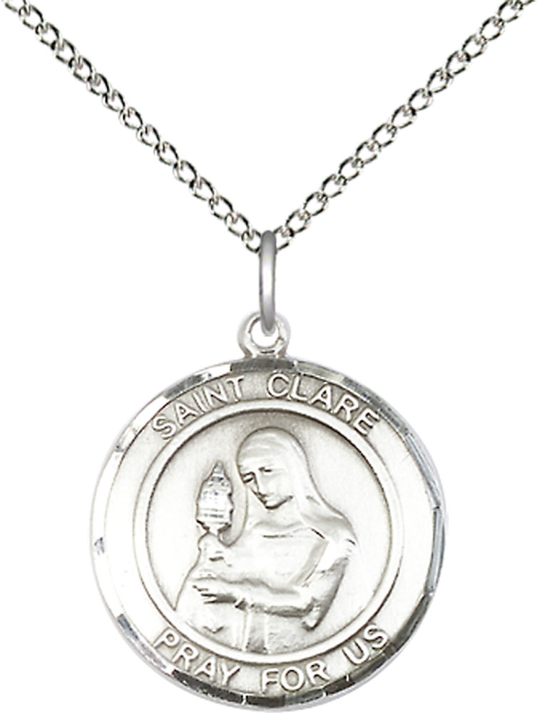 Sterling Silver Saint Clare of Assisi Pendant on a 18 inch Sterling Silver Light Curb chain