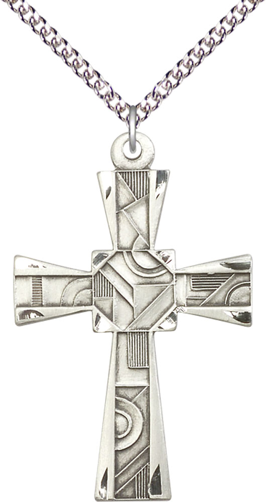 Sterling Silver Mosaic Cross Pendant on a 24 inch Sterling Silver Heavy Curb chain