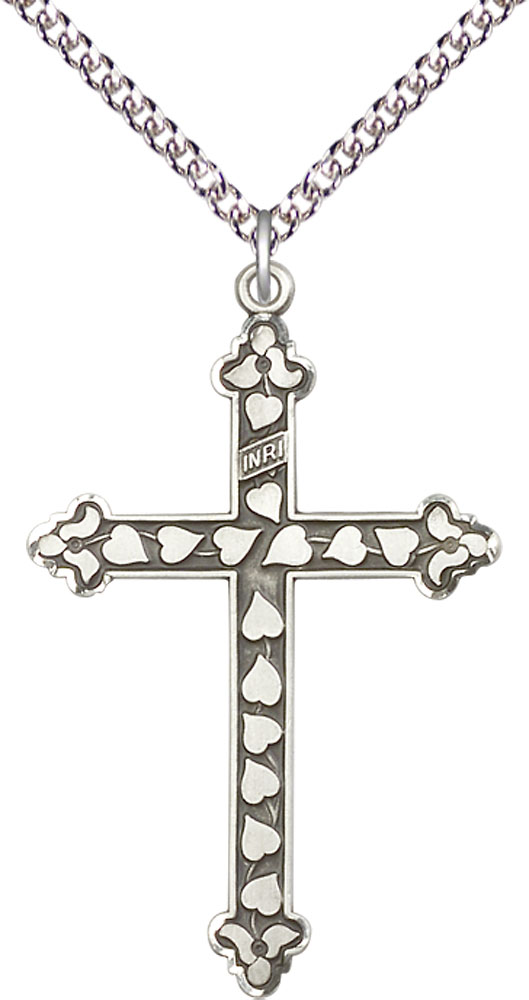 Sterling Silver Heart Cross Pendant on a 24 inch Sterling Silver Heavy Curb chain