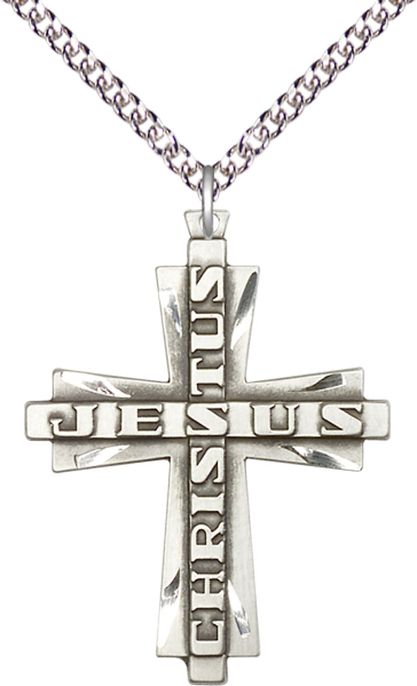 Sterling Silver Jesus Christus Cross Pendant on a 24 inch Sterling Silver Heavy Curb chain