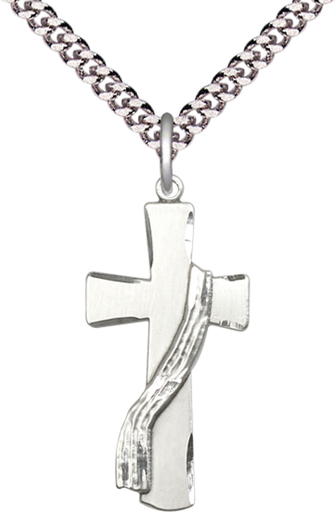 Sterling Silver Deacon Cross Pendant on a 24 inch Light Rhodium Heavy Curb chain
