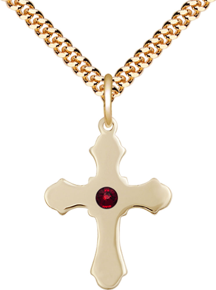 14kt Gold Filled Cross Pendant with a 3mm Garnet Swarovski stone on a 24 inch Gold Plate Heavy Curb chain