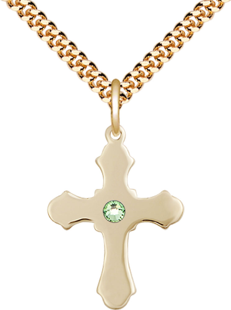 14kt Gold Filled Cross Pendant with a 3mm Peridot Swarovski stone on a 24 inch Gold Plate Heavy Curb chain