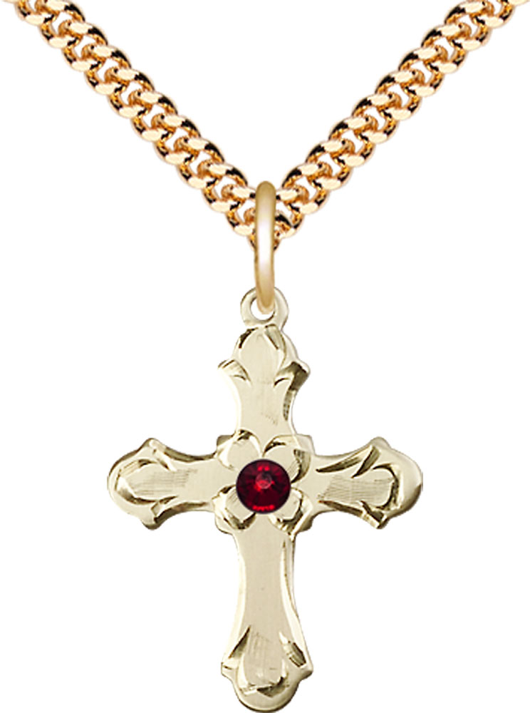 14kt Gold Filled Cross Pendant with a 3mm Garnet Swarovski stone on a 24 inch Gold Plate Heavy Curb chain