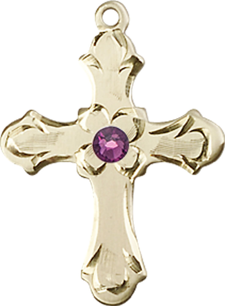 14kt Gold Filled Cross Medal with a 3mm Amethyst Swarovski stone