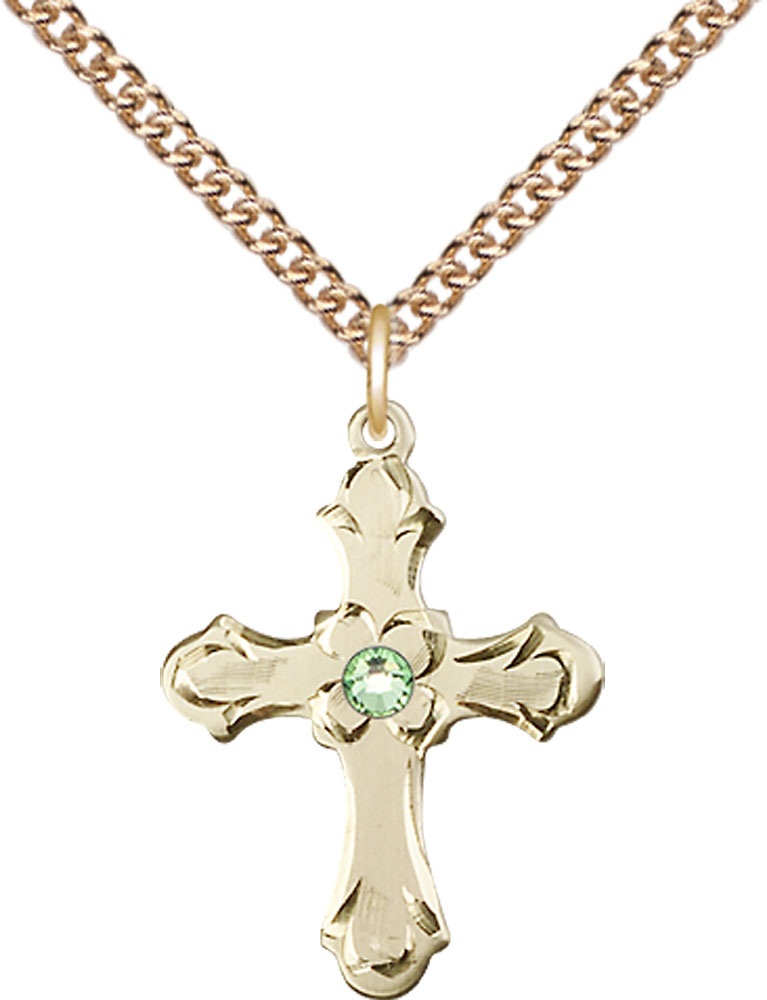 14kt Gold Filled Cross Pendant with a 3mm Peridot Swarovski stone on a 24 inch Gold Filled Heavy Curb chain