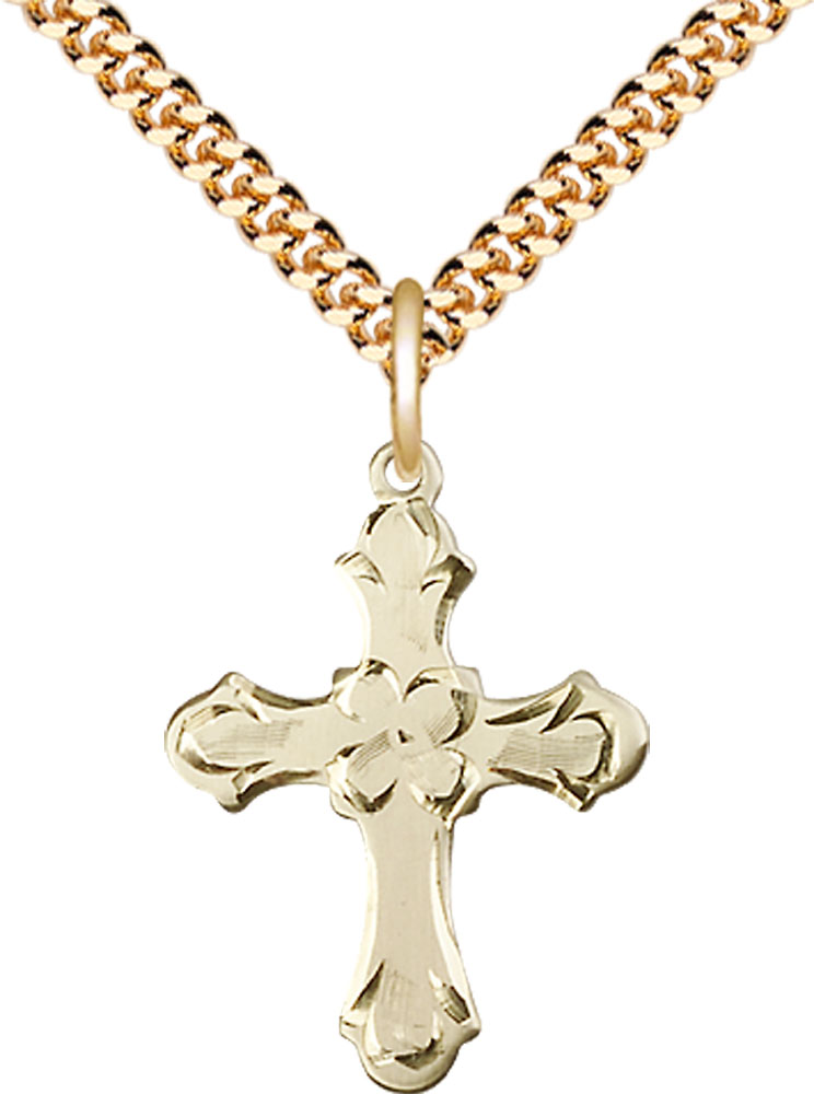 14kt Gold Filled Cross Pendant on a 24 inch Gold Plate Heavy Curb chain