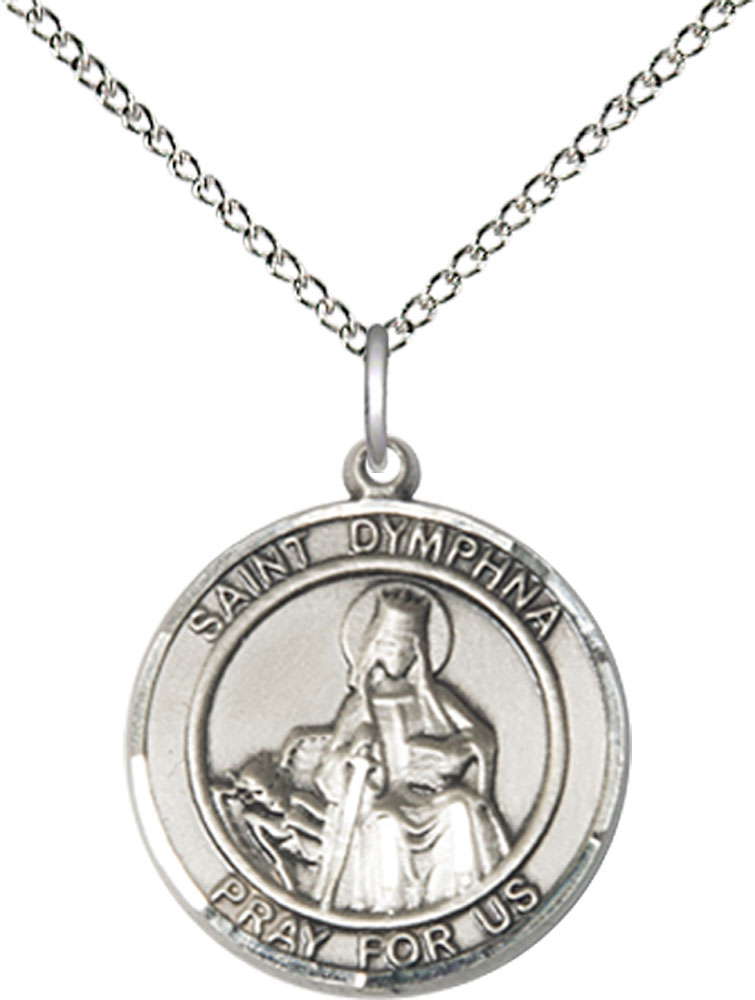 Sterling Silver Saint Dymphna Pendant on a 18 inch Sterling Silver Light Curb chain