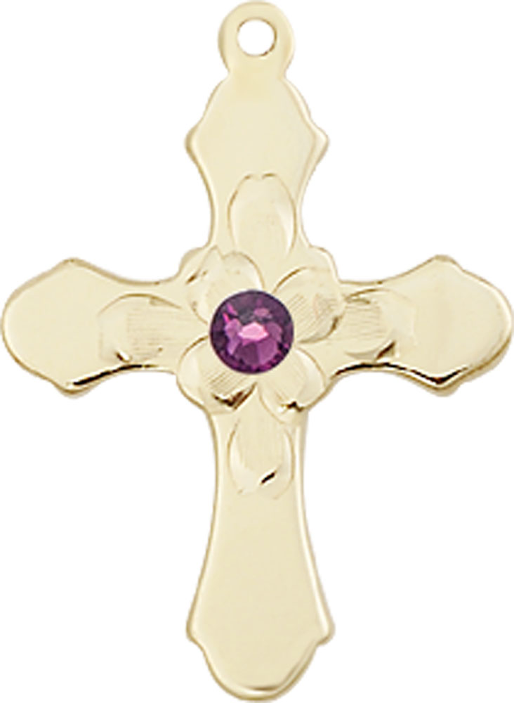 14kt Gold Filled Cross Medal with a 3mm Amethyst Swarovski stone