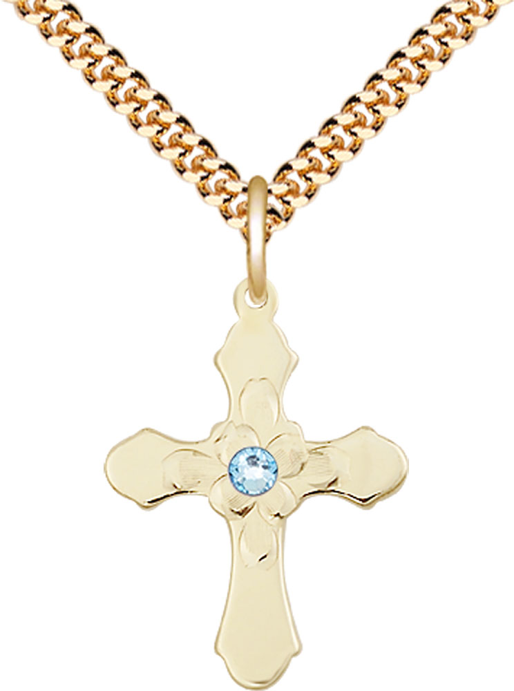 14kt Gold Filled Cross Pendant with a 3mm Aqua Swarovski stone on a 24 inch Gold Plate Heavy Curb chain