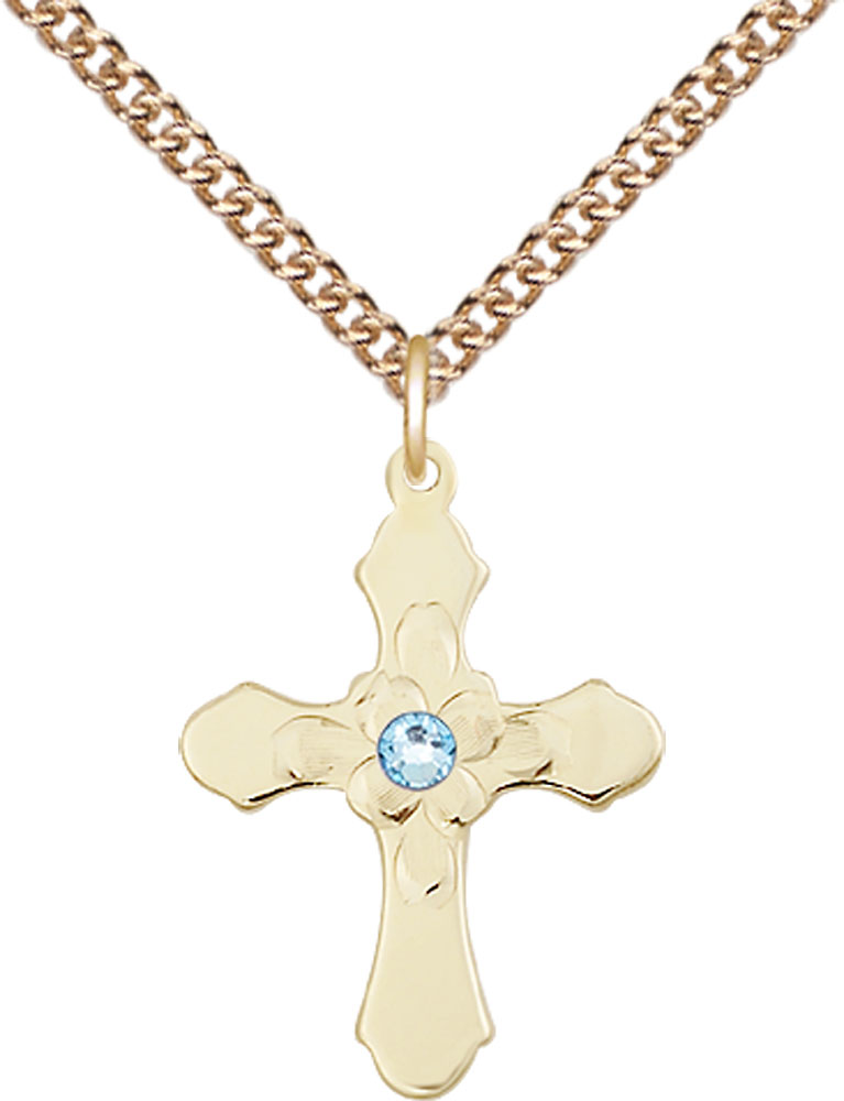 14kt Gold Filled Cross Pendant with a 3mm Aqua Swarovski stone on a 24 inch Gold Filled Heavy Curb chain